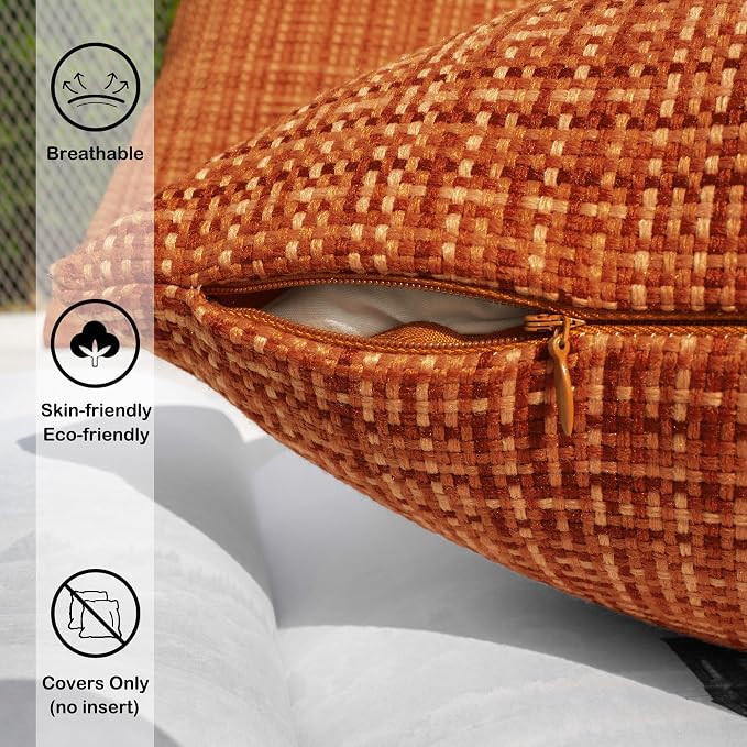 Kevin Textile Outdoor Waterproof 12"x24" Pillow Covers 2 Pack, Burnt Orange | Fall Water Resistant, Faux Linen Yarn-dyed, Woven Texture Throw Pillow Covers for Tent Patio Garden Couch Sofa