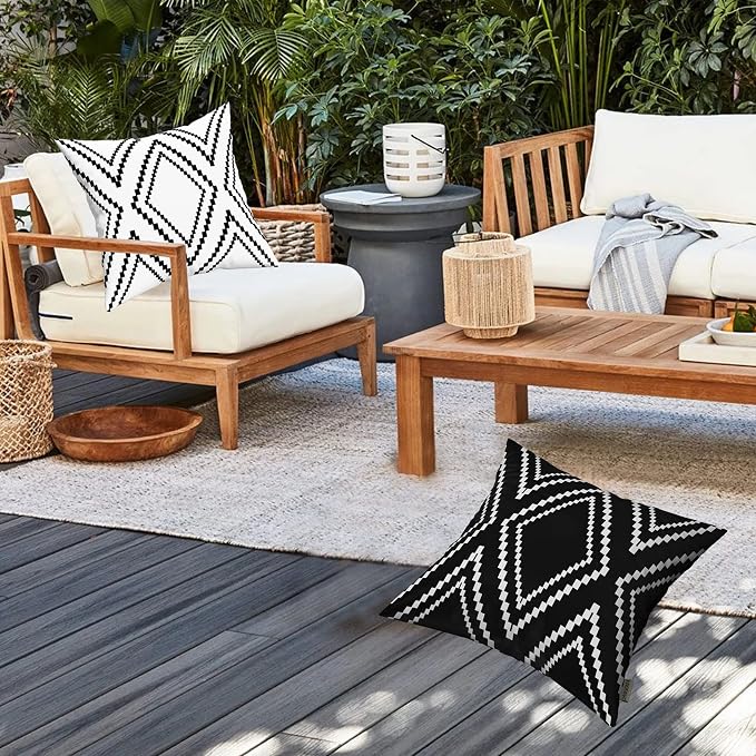 Outdoor Pillow Cover Waterproof Set of 2, Black and White Throw Pillows for Patio Furniture, Outdoor Pillow Covers for Couch, White More(Black&white-02, 20x20 Inch)