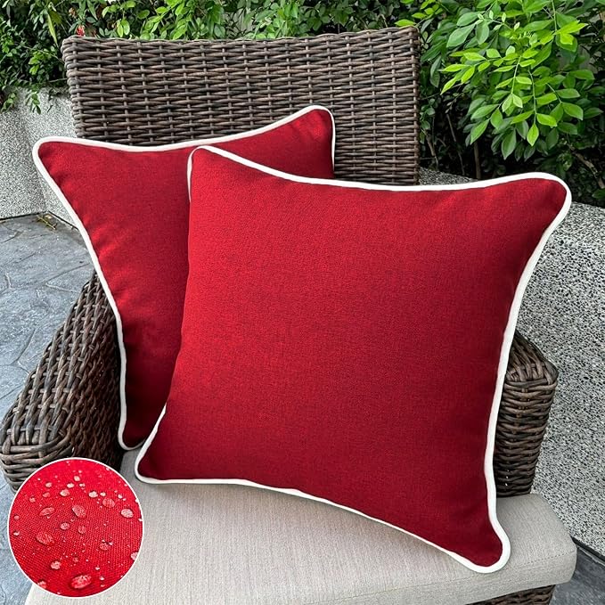 HER HWA Outdoor Throw Pillow Covers White Piping 18"x18" Set of 2, Red | durable fade-resistant water-resistant 100% polyester white piping smooth zipper machine washable for indoor outdoor décor