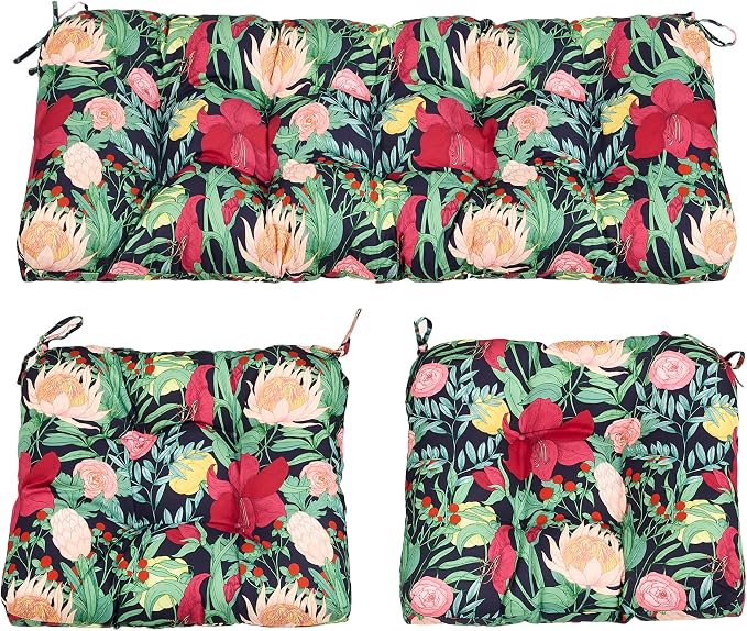 ADLIVWYD 3-Pieces Wicker Chair Cushion Set, 1 loveseat and 2 U-Shape, 44"x19" &19"x19" Tufted Outdoor Cushions for Indoor/Outdoor Patio Furniture (Black Floral)