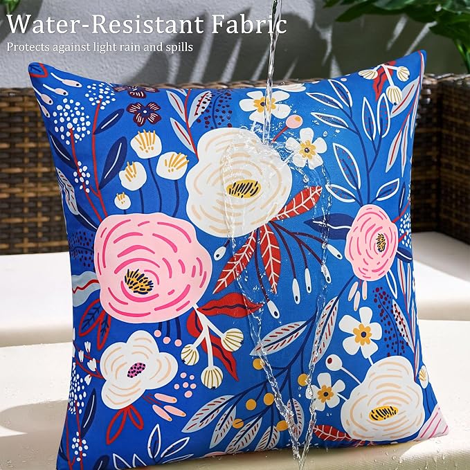 Pyonic Blue Waterproof Outdoor Pillow Covers 18x18 Set of 2, Colorful Floral Decorative Cushion Covers for Patio Furniture, Garden, Balcony,Sunbrella，Boho Nordic Outdoor Indoor Home Decor