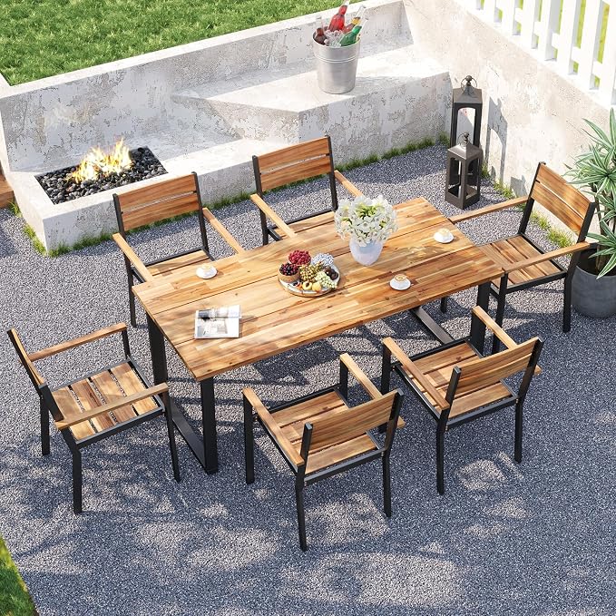 HAPPYGRILL 7 Pieces Acacia Wood Patio Dining Set with Metal Frame, Space-Saving Outdoor Furniture Set with 6 Stackable Armchairs and 63” Rectangular Table with 2” Umbrella Hole for Garden, Deck, Yard