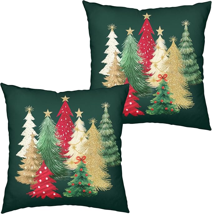 Christmas Pillow Covers 18x18 Set of 2 Colorful Xmas Tree Throw Pillow Covers Green Winter Holiday Decorative Pillowcase Double Sided Printing Cushion Case for Home Decor Sofa Couch