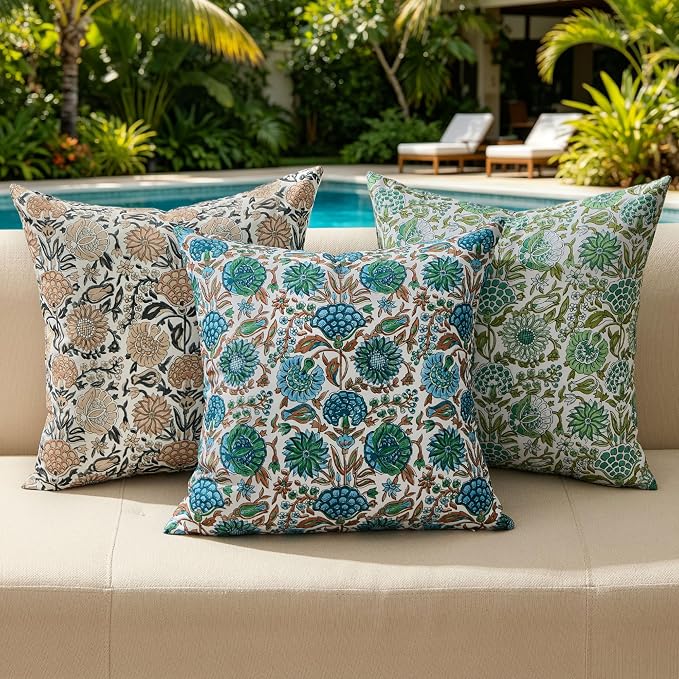 Allorry Outdoor Waterproof Pillow Covers 18x18 Green Floral Outdoor Decor | Set of 2 Vintage Floral Block Print Pillow Cover,Farmhouse Boho Decorative for Spring Summer Outdoor Sofa Bedroom Decor