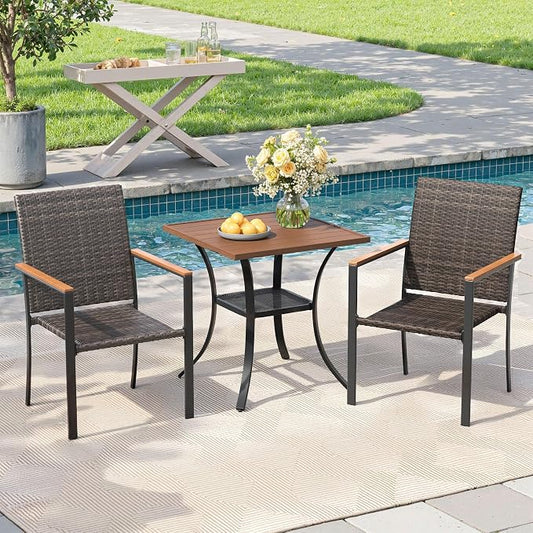 Small Patio Dining Set for 2, 27.5" Square Metal Table and Stackable Wicker Patio Chairs, Outdoor Furniture Set for Porch Garden, Walnut Chairs, Walnut Table