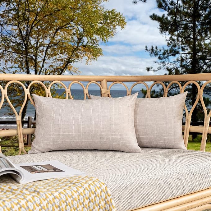 Kevin Textile Outdoor Waterproof Lumbar Pillow Covers 12x24 Inch Pack of 2 Checkered Decorative Rectangle Cushion Throw Pillowcases Shell for Patio Tent Garden Couch Bed Sofa Light Beige
