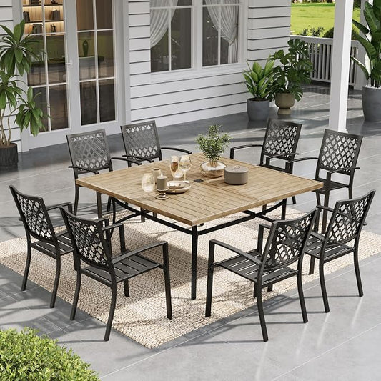 Sophia & William Patio Table and Chairs Set, Outdoor Dining Set for 8, 9 Piece Metal Patio Furniture, 57.5" Square Table with Wood-Like Tabletop(Diamond)