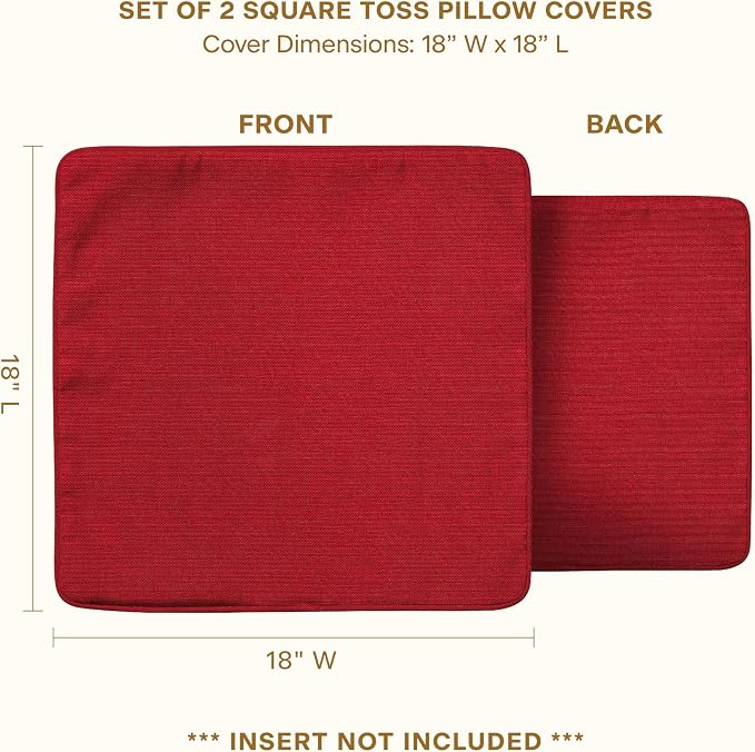 Honeycomb Outdoor Square Toss Pillow Covers, 18 x 18, 2-Pack | Textured Solid Imperial Red Slipcovers, Water & Fade Resistant for Patio Furniture Set, Cover Only, No Insert