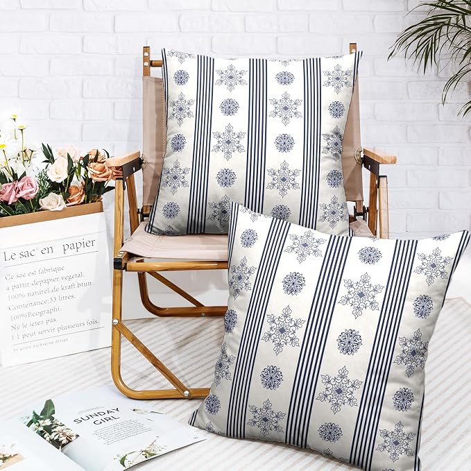 Winter Pillow Covers Blue and White Porcelain Blue Snowflakes Striped Throw Pillow Covers Navy Blue Floral Pillowcase 18x18 Set of 2 Neutral Cushion Case for Couch Sofa