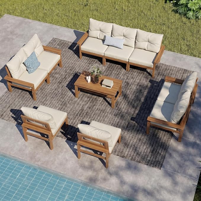 3-Piece Teak Outdoor Sofa Set, 3×3-Seat HDPE Sofas with Thick Beige Cushions, Large Patio Conversation Seating for Backyard, Deck, Garden