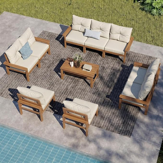 3-Piece Teak Outdoor Sofa Set, 3×3-Seat HDPE Sofas with Thick Beige Cushions, Large Patio Conversation Seating for Backyard, Deck, Garden