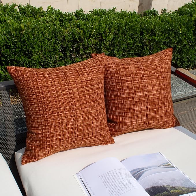 Kevin Textile Outdoor Waterproof 20"x20" Pillow Covers 2 Pack, Burnt Orange | Fall Water Resistant, Faux Linen Yarn-dyed, Woven Texture Throw Pillow Covers for Tent Patio Garden Couch Sofa