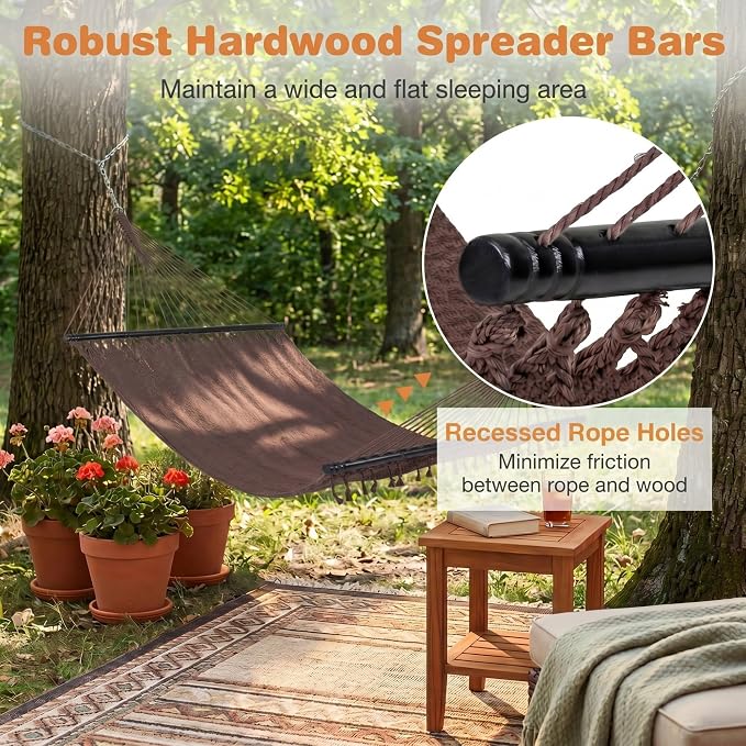 Happygrill 10.5FT Caribbean Double Hammock, Outdoor Portable Hammock with Spreader Bar, Soft-Spun Polyester Rope, 2 Person Hammocks for Outside, Camping & Patio, Max 600 lbs Capacity (Brown)