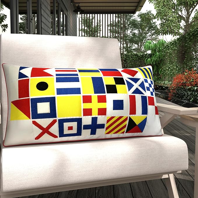 Edie At Home Nautical Flags Decorative Square Throw Pillow for Patio Furniture, Sofa, Chair, or Bedroom, Reversible, Indoor and Outdoor Collection, 20 x 20 inches