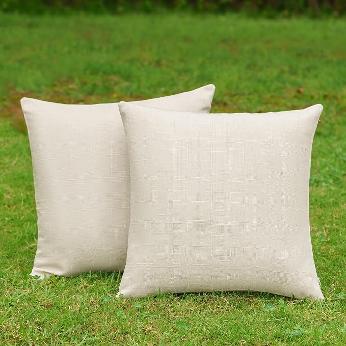 NiNi ALL Waterproof Outdoor Pillow Covers 20x20 Set of 2 Patio Beige | Faux Linen Textured Decorative Solid Throw Pillow Covers Farmhouse for Garden Furniture Tent Balcony Couch Sofa Cushion