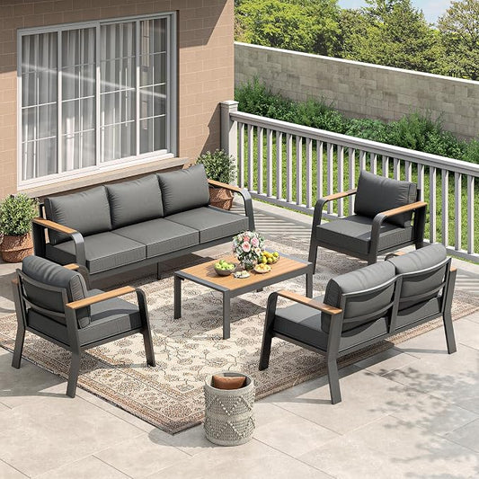 Garvee Aluminum Outdoor Patio Furniture Set with Coffee Table 7 Seats Patio Conversation Set Washable Thick Cushions All-Weather Metal Outdoor Furniture Sets for Poolside Balcony Deck, Gray