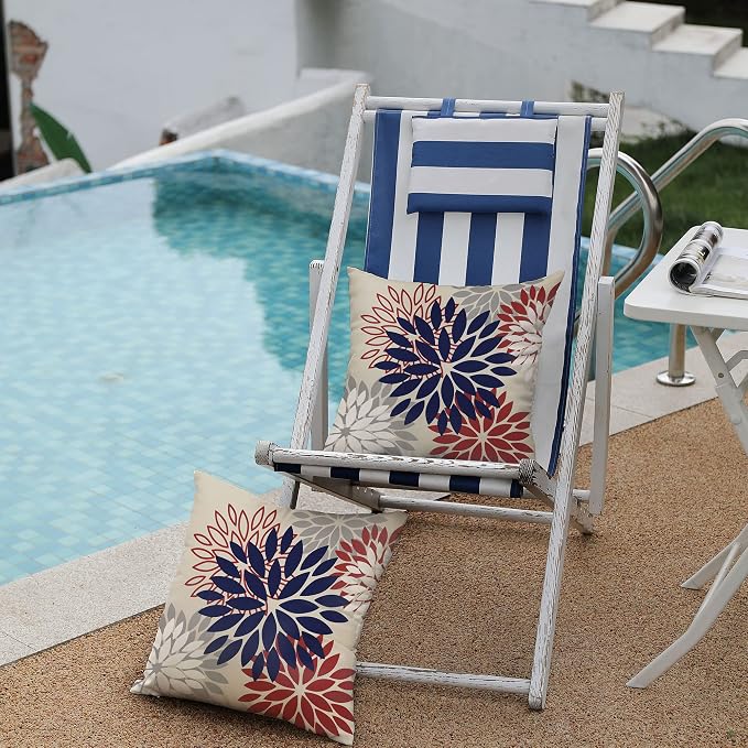DFXSZ Outdoor Waterproof Pillow Covers 20x20 Set of 2 Blue Red Flower | Spring Summer Waterproof Flower Throw Pillowcases（No Inserts）Decor for 4th of July Patio Funiture Garden Polyester Covers