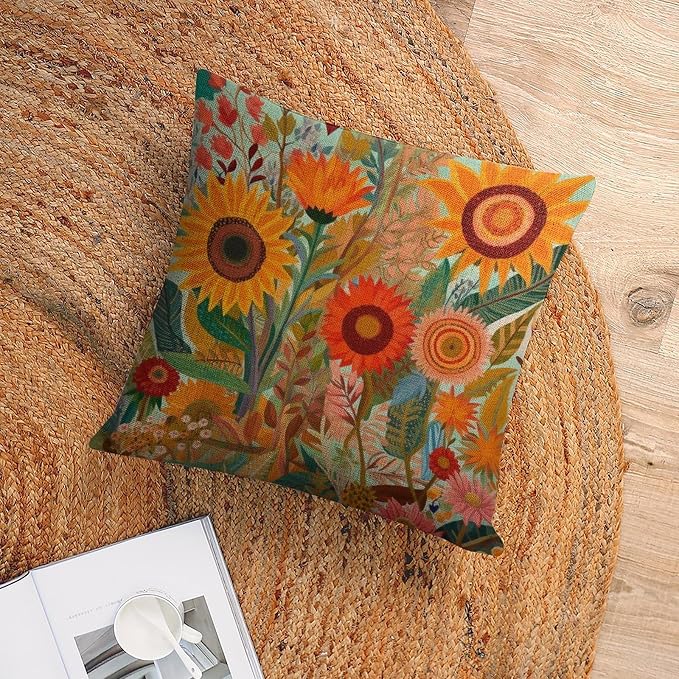 Outdoor Throw Pillows Colorful Painting of Sunflowers Poppies Cushion Pillow Cover 18"x18" Retro Yellow Flower Throw Pillow Covers Pillow Case Farmhouse Rustic Cushion Case for Sofa Couch