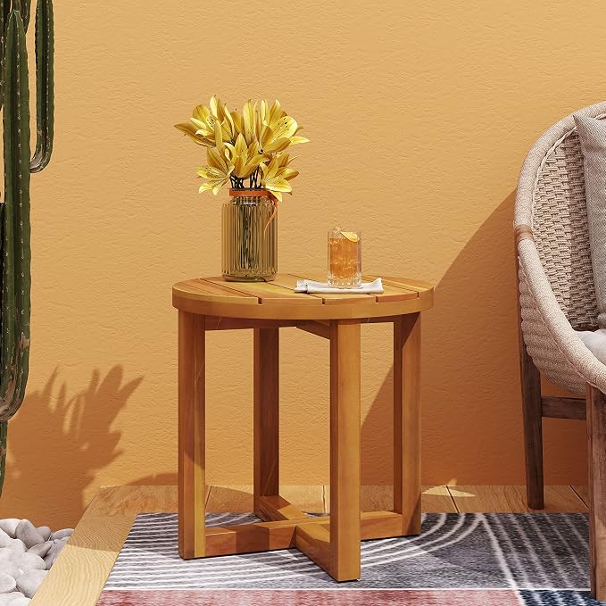 Merax Acacia Outdoor Wood Round Accent Side Table, Cross Base Design with Slat Detailing, Weather-Resistant, Teak