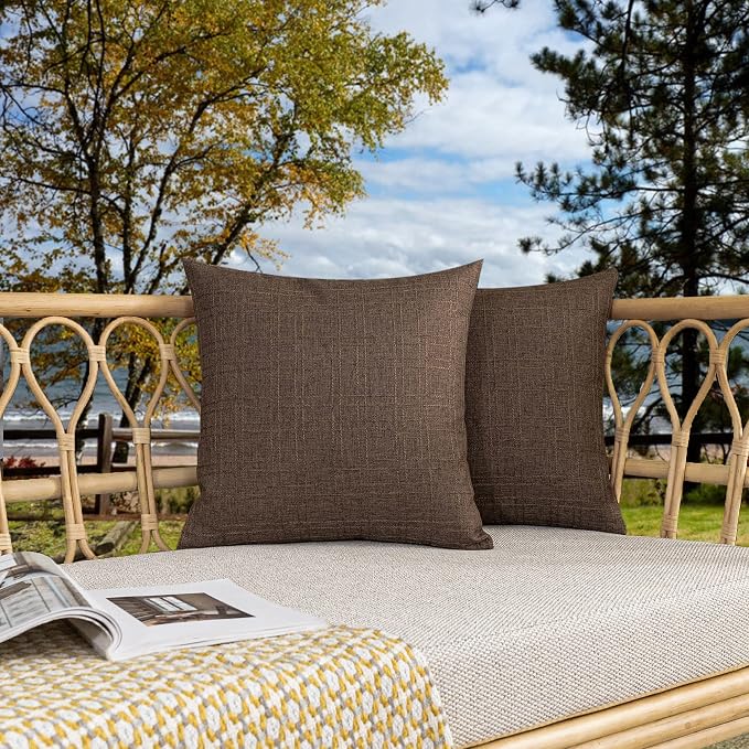 Kevin Textile Outdoor Waterproof 26”x26” Pillow Covers 2 Pack, Brown | Water Resistant, Soft Faux Linen-cotton Yarn-dyed Woven Texture Throw Pillow Covers for Tent Patio Garden Couch Sofa