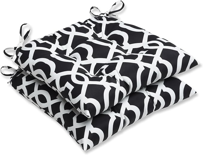 Pillow Perfect Trellis Indoor/Outdoor Tufted Wicker Chair Pad With Ties, 2 Count, 18.5 x 19, Black New Geo