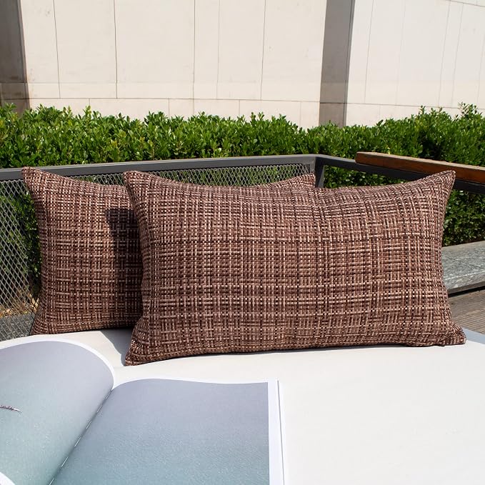 Kevin Textile Outdoor Waterproof 14"x24" Lumbar Pillow Covers 2 Pack Coffee | Water Resistant, Faux Linen Yarn-dyed, Woven Texture Throw Pillow Covers for Tent Patio Garden Couch Sofa