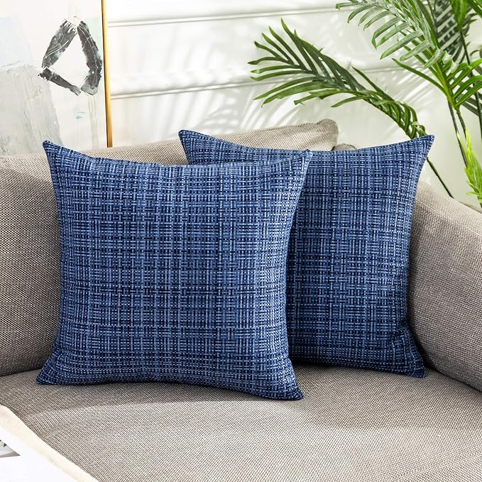 Kevin Textile Outdoor Waterproof 18x18 Inch Pillow Covers 2 Pack, Navy Blue | Water Resistant, Faux Linen Yarn-dyed, Woven Texture Throw Pillow Covers for Tent Patio Garden Couch Sofa