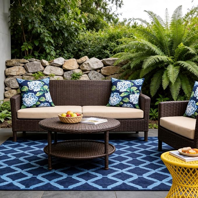 Blue Green Floral Outdoor Pillow Covers 18x18 Inch Set of 2 | Navy Blue Hydrangea Outdoor Pillow Covers, Spring Summer Farmhouse Waterproof Cushion Case for Couch Sofa Garden Patio