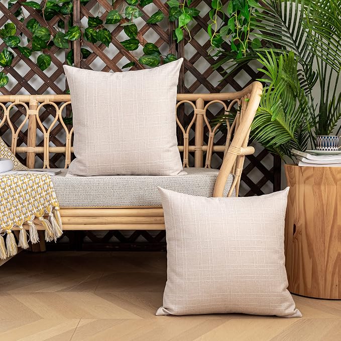 Kevin Textile Outdoor Waterproof 26”x26” Pillow Covers 2 Pack, Light Beige | Water Resistant, Soft Faux Linen-cotton Yarn-dyed Woven Texture Throw Pillow Covers for Tent Patio Garden Couch Sofa