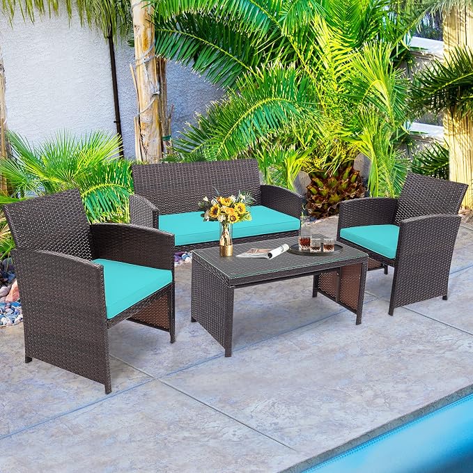 HAPPYGRILL Set of 4 Rattan Conversation Set Outdoor Wicker Furniture Set with Tempered Glass Coffee Table, Soft Cushions, Weather-Resistant Rattan Chair Set for Garden Backyard Poolside