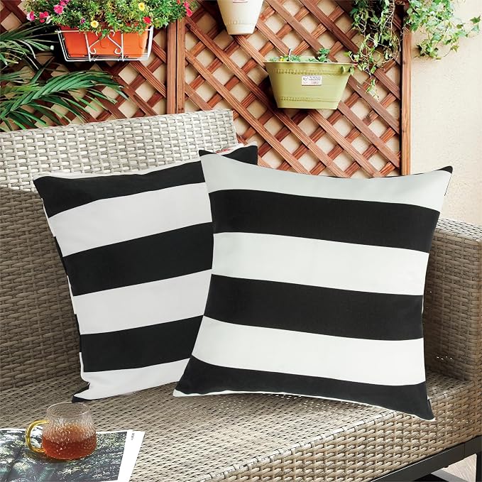 Outdoor Throw Pillows with Insert 18x18 Inch Pack of 2-Black White Stripe | Decorative Throw Pillows with Inserts, Water-Repellent, Square Pillows for Bed, Couch, Sofa and Patio Furniture