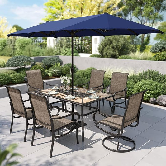 PHI VILLA 8 Pcs Outdoor Dining Set with 13ft Umbrella, Mesh Dining Chairs | 60'' wood-look rectangular table, 2 swivel & 4 fixed patio chairs and 13ft navy blue umbrella(NO BASE) for deck, garden, yard