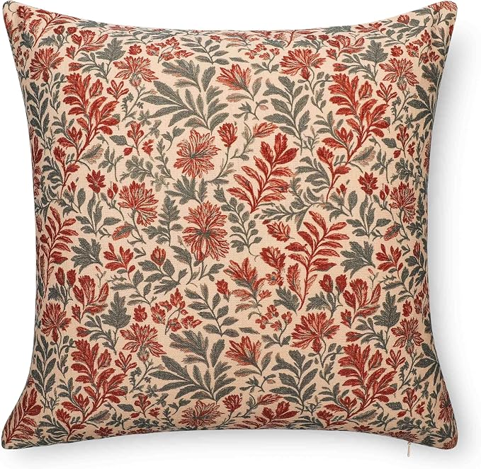 Modern Farmhouse California Casual Indoor Outdoor Throw Pillow Cover, 20"x20" Water Repellent for Patio, Backyard, Couch, Poolside, Rust Orange Print Sketch Botanical Flowers and Leaves