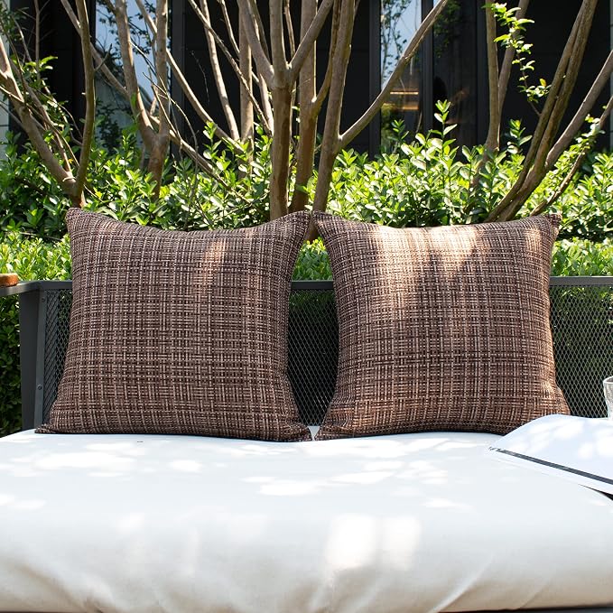 Kevin Textile Outdoor Waterproof 24x24 Inch Pillow Covers 2 Pack, Brown | Water Resistant, Faux Linen Yarn-dyed, Woven Texture Euro Throw Pillow Covers for Tent Patio Garden Couch Sofa