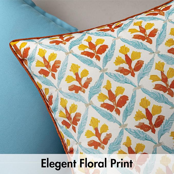 MIULEE Outdoor Floral Pillow Covers Waterproof 20x20 Orange Teal Red | Decorative Block Print,Boho Farmhouse, Set of 2 Coastal Summer Cushion Covers with Piping,Garden Patio Furniture Porch Couch