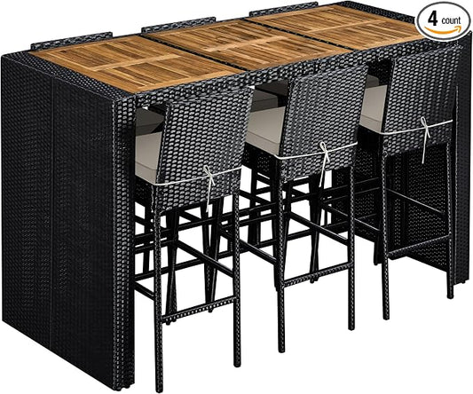 Topeakmart Outdoor Wicker Bar Table and Chairs Set, 6 Removable Cushions | 7-Piece Patio Rattan Dining Furniture Set with Acacia Wood Tabletop, Rain Cover, Black/Beige