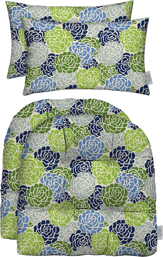 RSH DECOR: Tufted U-Shapes & Lumbars 2 of Each | 19” x 19” & 20" x 12" | Water-Resistant Spun Fabric | Outdoor Wicker Cushions & Support Pillows for Patio Furniture | Livi Courtyard Floral-Made in USA