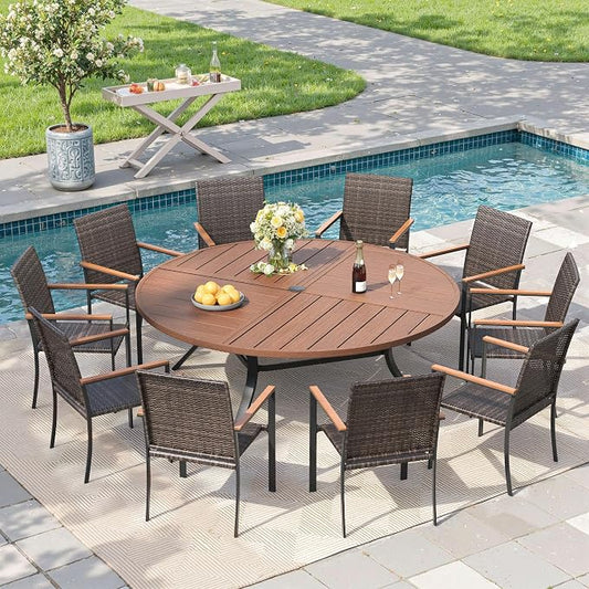 Round Patio Dining Set for 10, Outdoor Furniture Set of 63 Round Metal Table with Umbrella Hole and Stackable Wicker Patio Chairs for Backyard Lawn Garden, Walnut Chairs, Walnut Table