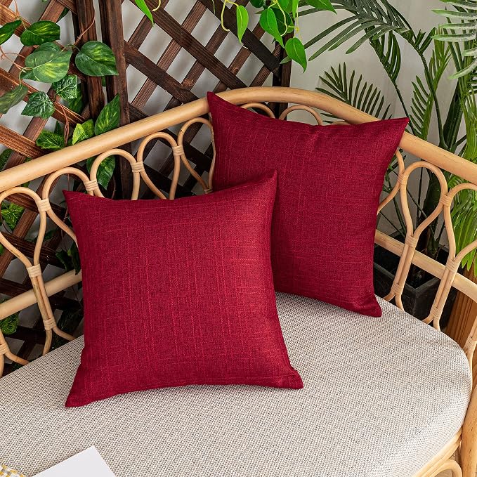 Kevin Textile Outdoor Waterproof 26”x26” Pillow Covers 2 Pack, Red | Water Resistant, Soft Faux Linen-cotton Yarn-dyed Woven Texture Throw Pillow Covers for Tent Patio Garden Couch Sofa