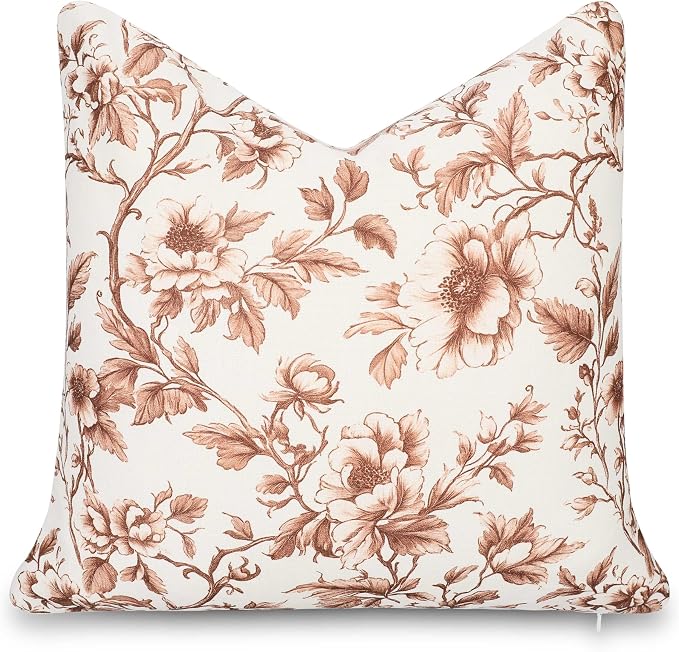 Modern Farmhouse California Casual Indoor Outdoor Throw Pillow Cover, 20"x20" Water Repellent for Patio, Backyard, Couch, Poolside, Cocoa Brown Print Vintage Chinoiserie Floral