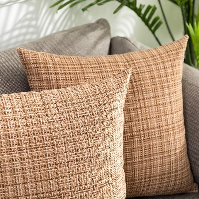 Kevin Textile Outdoor Waterproof 18x18 Inch Pillow Covers 2 Pack, Beige | Water Resistant, Faux Linen Yarn-dyed, Woven Texture Throw Pillow Covers for Tent Patio Garden Couch Sofa