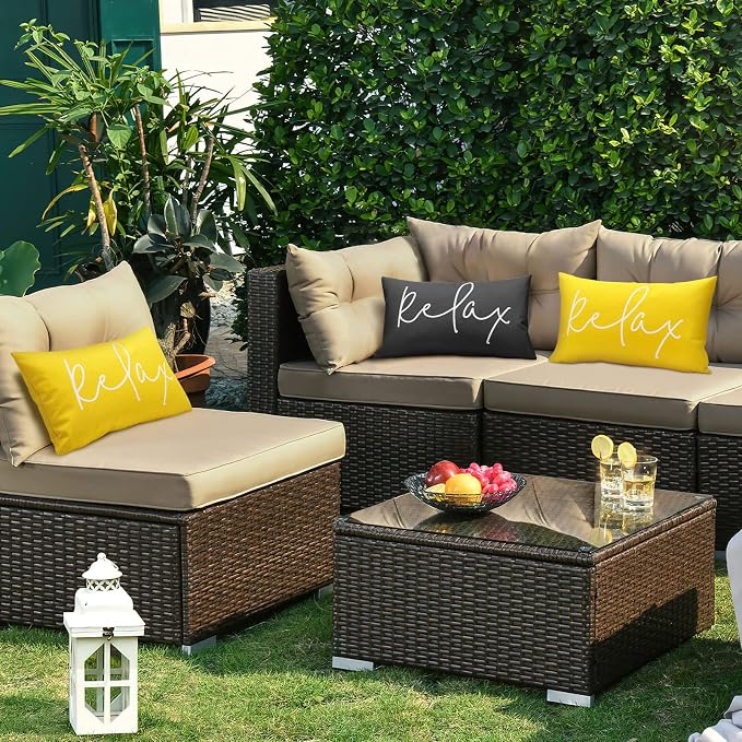 Lewondr Waterproof Outdoor Throw Pillow Cover, 2 Pack, 12"x20", Black | Relax Printing, Summer Garden Decor, For Patio Sofa, Balcony Couch, Bench Porch