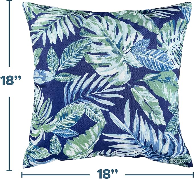 Outdoor Pillow Covers 18x18 Inch, Waterproof Throw Pillow Covers Pack of 2, Water-Resistant Decorative Pillow Case for Patio Furniture Tent Garden, Tropical Leaf, Blue Green, Cover ONLY