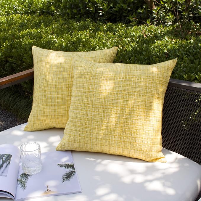 Kevin Textile Outdoor Waterproof 22x22 Inch Pillow Covers 2 Pack, Yellow | Water Resistant, Faux Linen Yarn-dyed, Woven Texture Throw Pillow Covers for Tent Patio Garden Couch Sofa