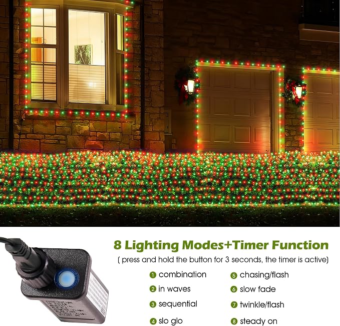 BlcTec Outdoor Christmas Lights 200 LED 8.4ft x 5.2ft Christmas Net Lights with 8 Modes, UL Certified, Timer, Connectable, Waterproof for Trees, Bushes, Yard Outdoor Holiday Decorations, Red Green