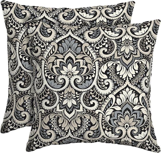 Arden Outdoor Toss Pillow, 2 Pack, 16 x 16, Rain-Proof, Fade Resistant Black Aurora Damask