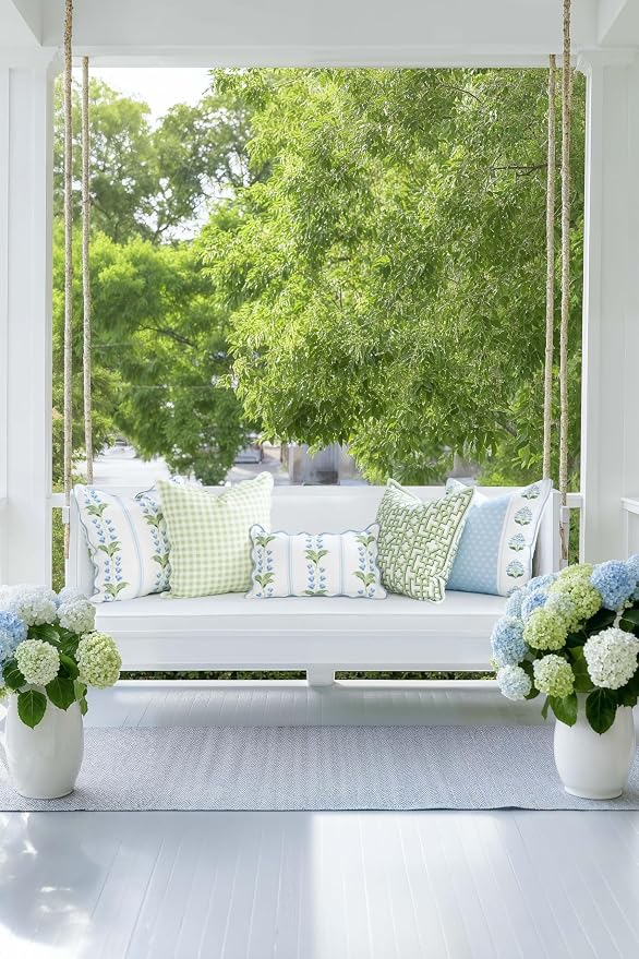 Hofdeco Premium Grandmillennial Coastal Hampton Patio Indoor Outdoor Throw Pillow Cover Only, 20"x20" Water Repellent for Backyard, Couch, Poolside, Blue Green Print Striped Lily of the Valley