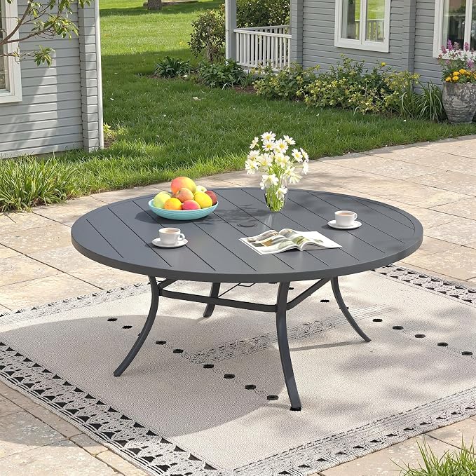 Outdoor Dining Table for 8, 60" Round Outdoor Table with Adjustable Umbrella Hole, All-Weather Metal Patio Dining Table for Lawn Garden Backyard Deck, Dark Grey