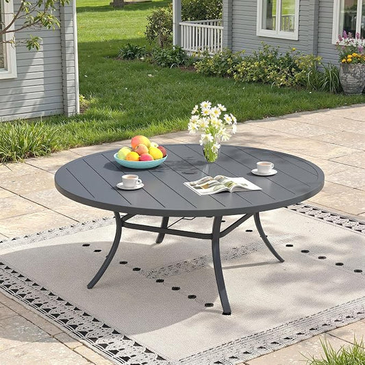 Outdoor Dining Table for 8, 60" Round Outdoor Table with Adjustable Umbrella Hole, All-Weather Metal Patio Dining Table for Lawn Garden Backyard Deck, Dark Grey