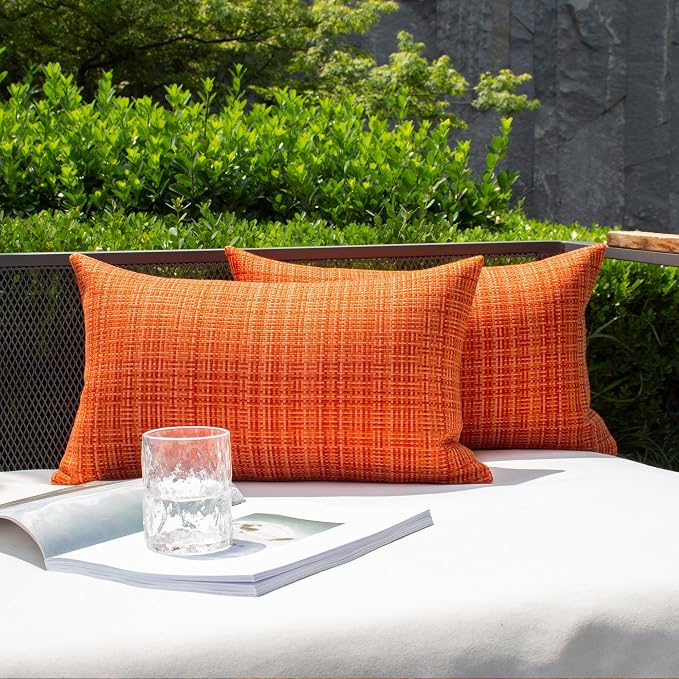 Kevin Textile Outdoor Waterproof 12"x24" Lumbar Pillow Covers 2 Pack Orange | Water Resistant, Faux Linen Yarn-dyed, Woven Texture Throw Pillow Covers for Tent Patio Garden Couch Sofa